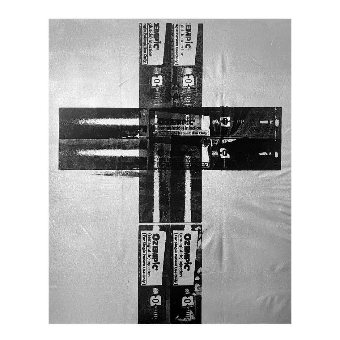 Matt Adam painting, Ozempic semaglutide packaging arranged as a cross, screenprinted in black on a silver field