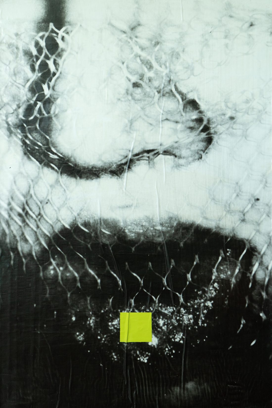 Matt Adam painting, black and white photographic image overlaid with a fluorescent green square
